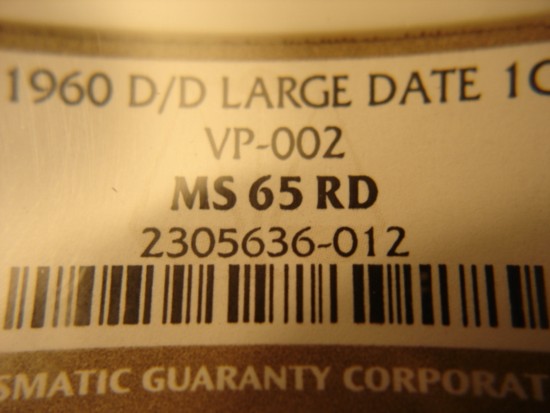 1960-D/D-Large-Date-1c-Lincoln-Memorial-Cent-Vp002-Ms65RD